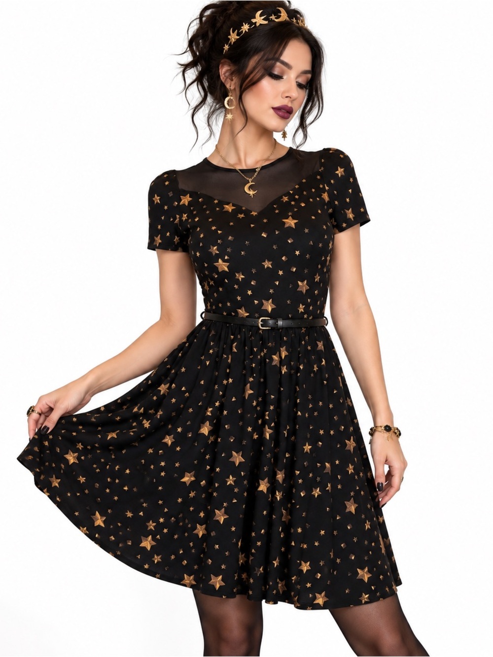 Oasis Celestial Mesh Belted Fit Flare Skater Dress Womens SZ XS Dark Witchy Goth